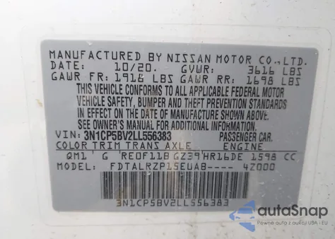 2020 Nissan Kicks S Xtronic Cvt z USA, uszkodzony, nr VIN 3N1CP5BV2LL556383